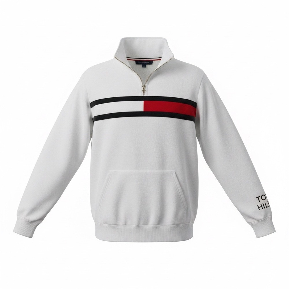 Tommy Hilfiger Womens Quarter Zip Sweatshirt White Flag Logo Pullover Fleece L - Picture 2 of 6